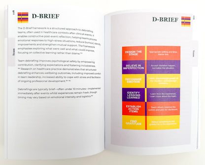 Open book showing D-Brief framework on a white background