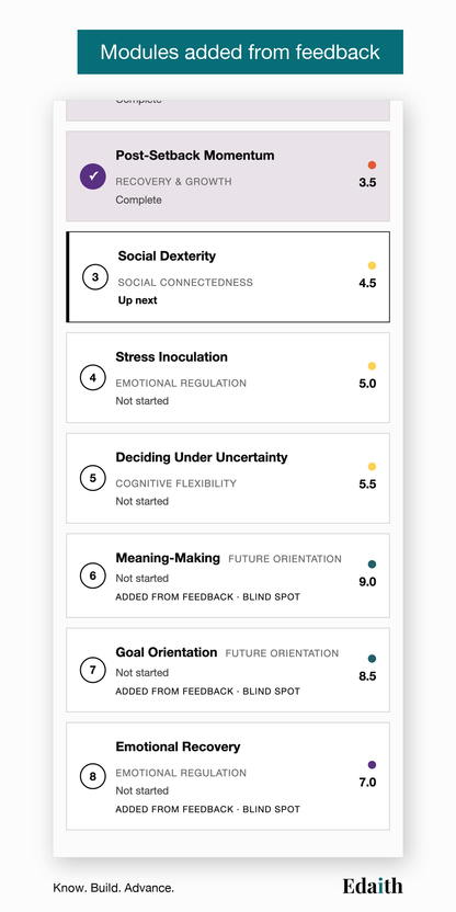 Modules added from feedback: with the optional feedback round, three modules added from the views of people who have seen you work