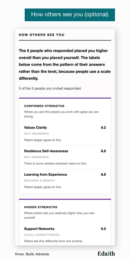 How others see you (optional): how the people you invited placed you, and the strengths you and they agree on