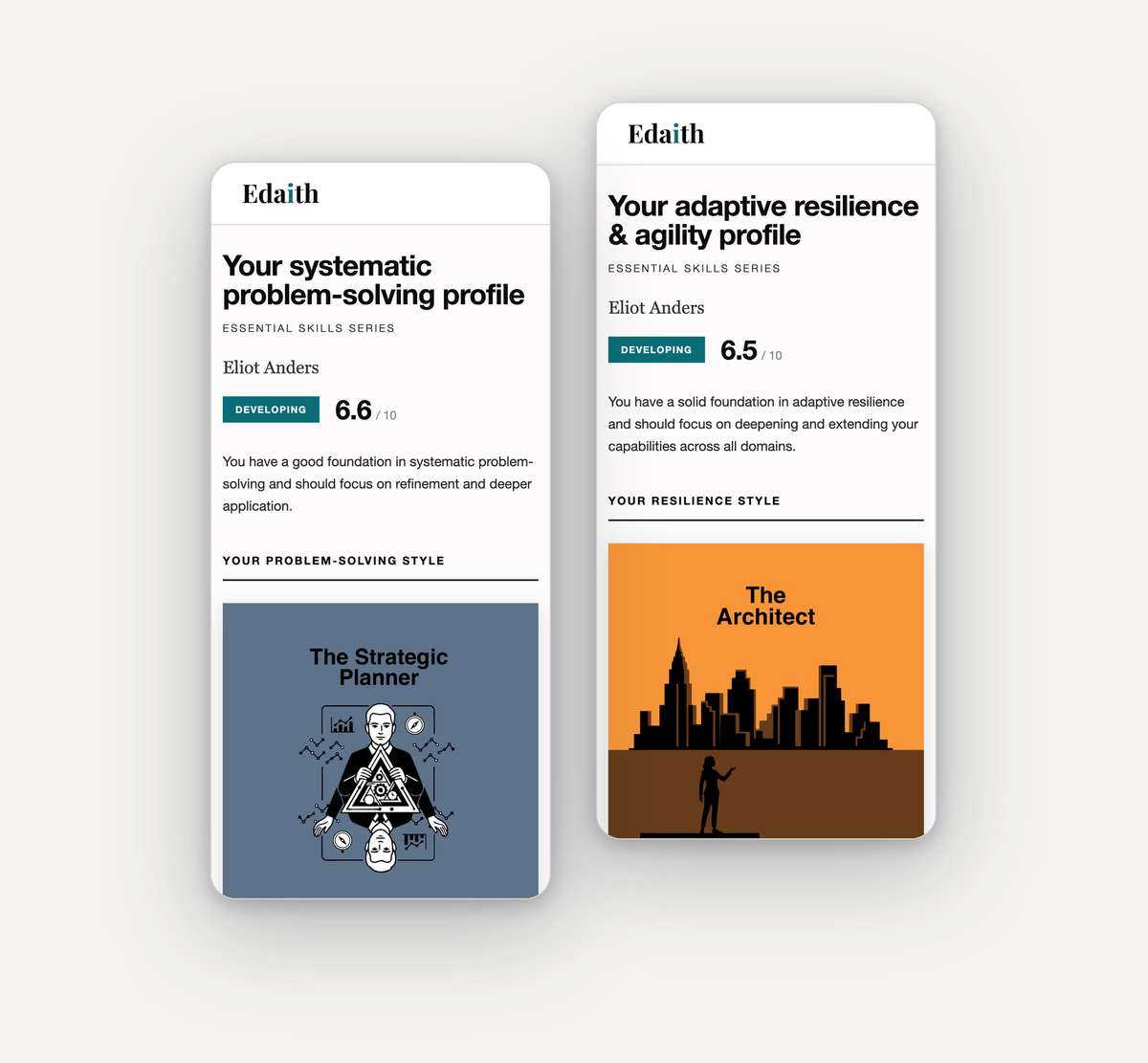 Two phones showing profiles from the Problem Solver and Resilient Pathways, each with its style.