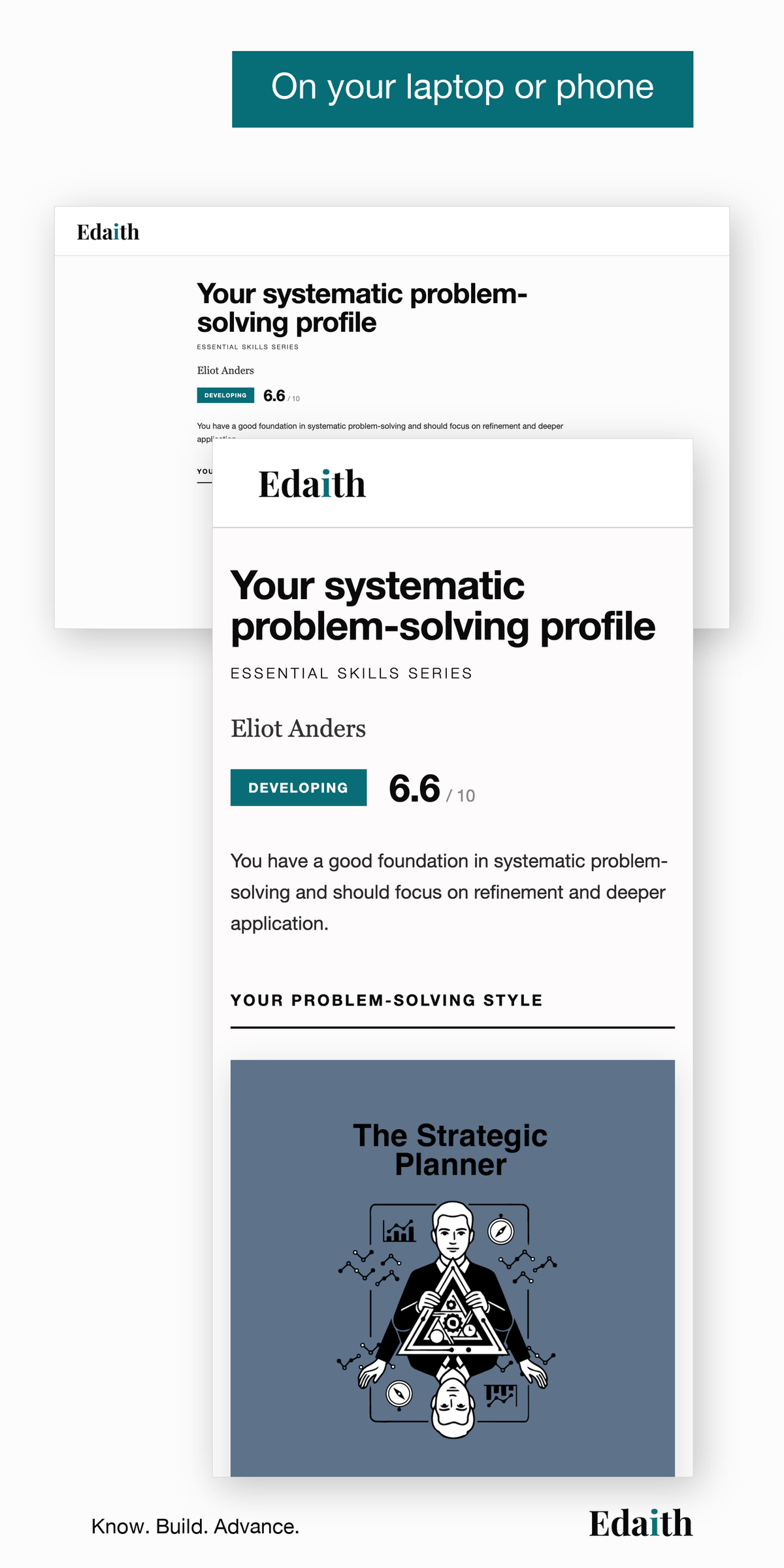 On your laptop or phone: your Problem Solver results on a laptop and on a phone, with your level, score and problem-solving style, The Strategic Planner