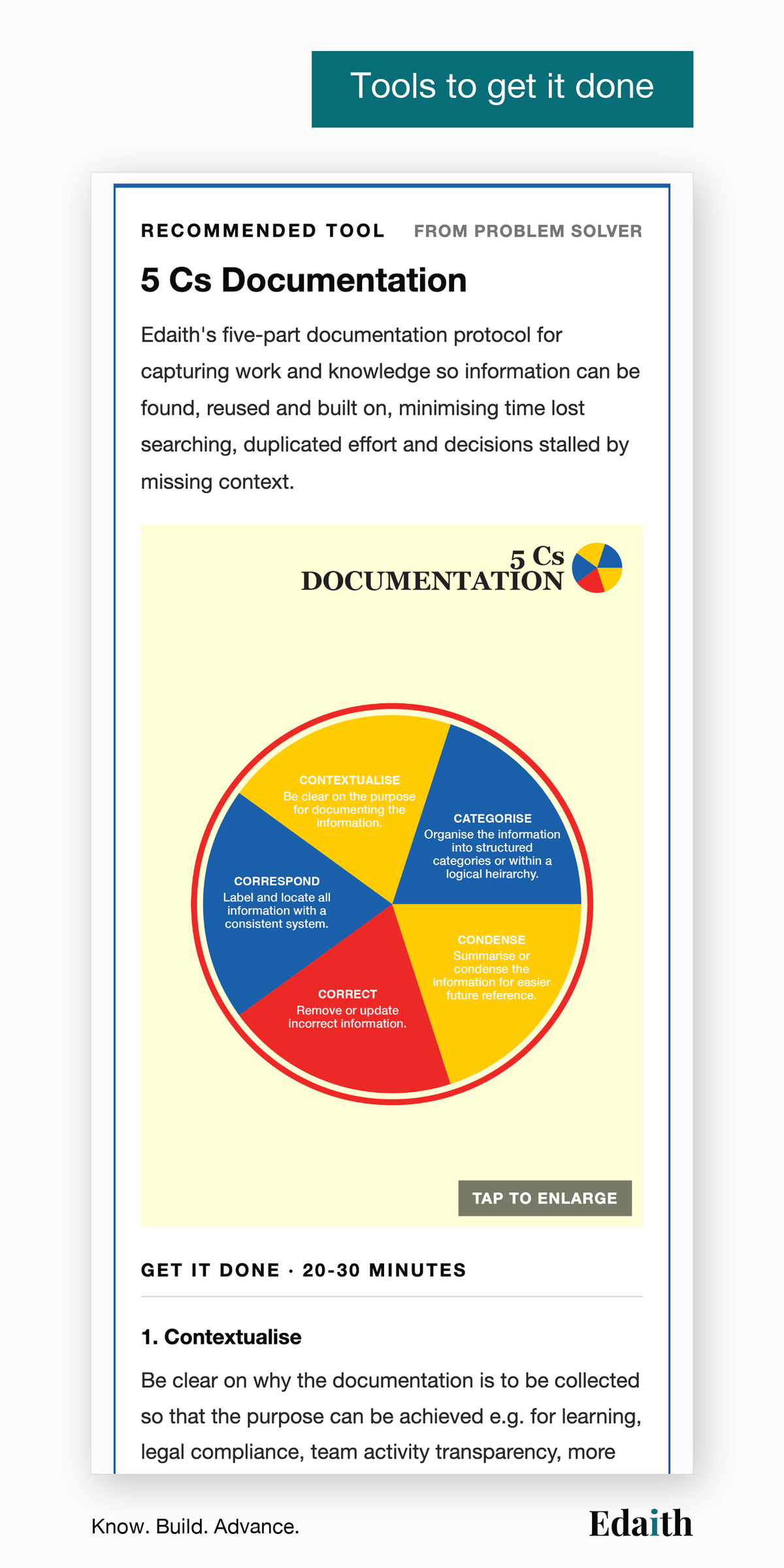 Tools to get it done: the 5 Cs Documentation tool from the Problem Solver guide, with the Get it done steps