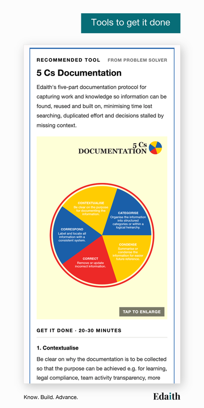 Tools to get it done: the 5 Cs Documentation tool from the Problem Solver guide, with the Get it done steps